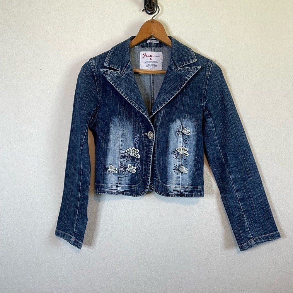 Azur Y2K Cropped Long Sleeve Embroidered Jewel Embellished Denim Jacket Size SM